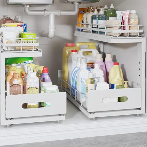 Biboraya Under Sink Organizer White 2-Pack Adjustable Dual-Tier Cabinets