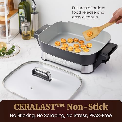Elite Gourmet 10 Qt Stow-Away Ceramic Skillet - PFAS-Free, 1500W, Space-Saving Design