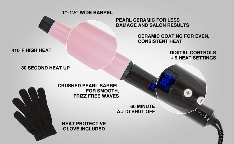 Remington CI9538 Pro 1"-1.5" Pearl Ceramic Conical Curling Wand, Digital Controls + 10 Heat Settings, Black/Pink