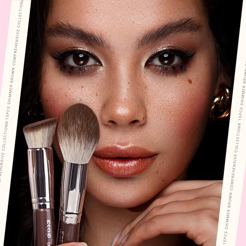 Jessup Shimmer Brown Makeup Brush Set with 15 Professional Brushes for Face & Eyes