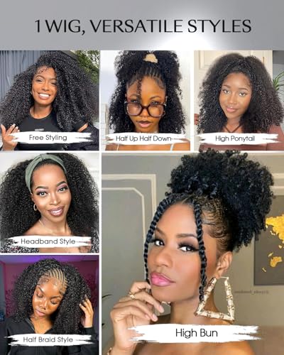 FACMOOD Kinky Curly Half Wig Human Hair 16 Inch 200% Density Glueless Headband Wig for Women - Beginner Friendly