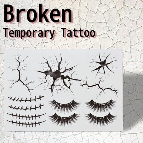 Halloween Creepy Cracks Face Tattoo Set, Temporary Makeup Stickers with Eyelashes, Black Broken Glass Pattern, Costume Accessories
