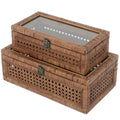 14.1 x 8.2 x 5.1 Inch Rattan and Cane Stacking Storage Boxes Set of 2 - Rustic Brown