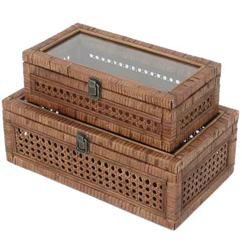 14.1 x 8.2 x 5.1 Inch Rattan and Cane Stacking Storage Boxes Set of 2 - Rustic Brown