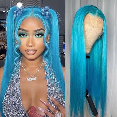 Blue Synthetic Lace Front Wig for Women - Glueless, Pre-Plucked, Natural Hairline
