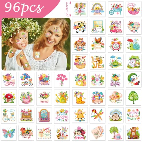 HOWAF 96pcs Spring Easter Tattoos, Hello Spring Temporary Tattoos for Spring Party Supplies, Spring Flower Tattoos Spring Butterfly Tattoos for Kids, Spring Summer Decoration Face Tattoos