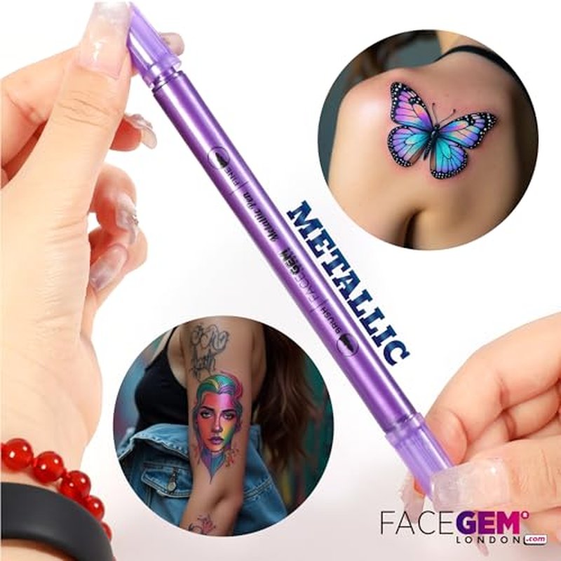 12 Metallic Temporary Tattoo Markers ? Create Temporary Tattoos with Dual-Tip Body Markers, Bold & Fine Lines, Waterproof, Fast-Drying, Non-Toxic, 42 Stencils, Fake Tattoos Set, Tattoo