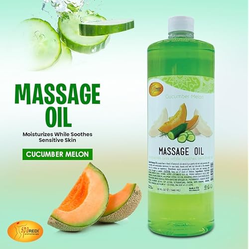 SPA REDI - Massage Oil, Cucumber Melon, 32 Oz - Professional Full Body Massage Therapy, Manicure, Pedicure - Relax Sore Muscles and Repair Dry Skin, Enhanced with High Absorption Oils and Vitamin E