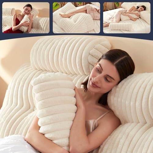 Beige Faux Fur Headboard Pillow Set with 2 Neck Rolls - Queen Size