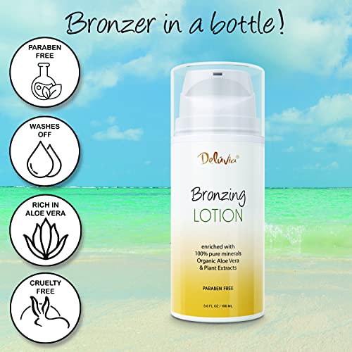 Deluvia Body Shimmer Wash Off Bronzing Lotion, After Sun, Leg Makeup, Illuminating Body Moisturizer, Bronzer for Body and Face. Skincare by Deluvia