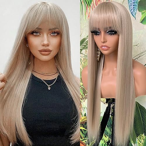 Ash Blonde Synthetic Wig with Bangs - Long Straight Hair, No Glue, 24 Inch