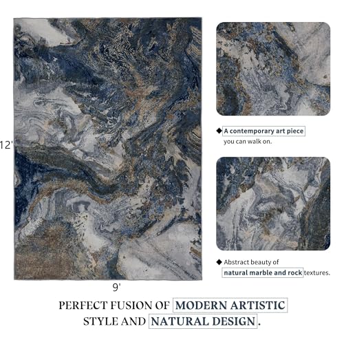 Blue and Gold Abstract Rug 9x12 Washable Area Rug for Living Room - Pet Friendly, Non-Slip Backing
