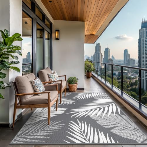 Outdoor Rug 8x10 ft Waterproof Plastic Rug with Palm Leaf Design - Grey & White