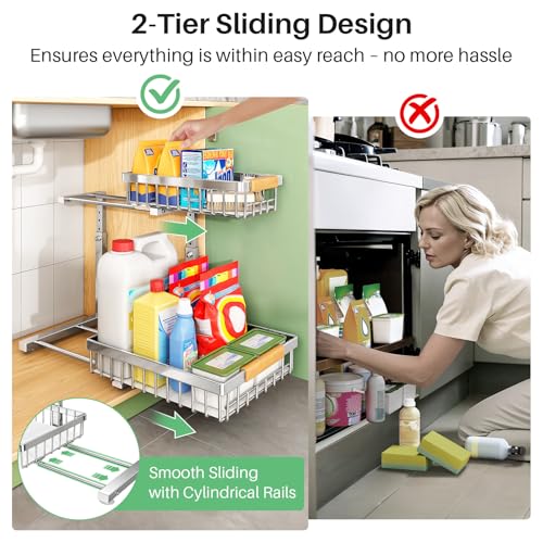 Kitstorack Silver 2-Pack Under Sink Organizer 2-Tier Slide Out Cabinet Shelf