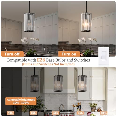 Kvhiiw 3-Pack Black Crystal Pendant Lights for Kitchen Island & Dining Room - Adjustable Height, Dimmable, Modern Design