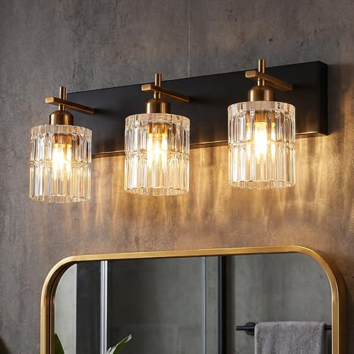 OCIOC 3-Light Bathroom Vanity Light Black & Gold Wall Sconce with Glass Shades - Farmhouse Style