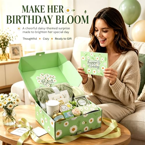 Daisy Birthday Gift Basket for Women Self Care Spa Set with Candle & Cozy Essentials