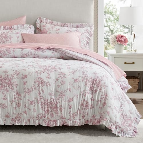 Pink Floral Comforter Set with Sheets - Full Size 7pc Reversible Bedding