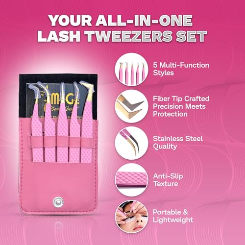 5 Pcs Fiber-Tip Japanese Steel Lash Tweezer Set with Leather Case, Professional Eyelash Tweezers for Lash Extensions ? Titanium Coated, 90 & 45 Angled, Precision Pointed Tweezers (PINK)