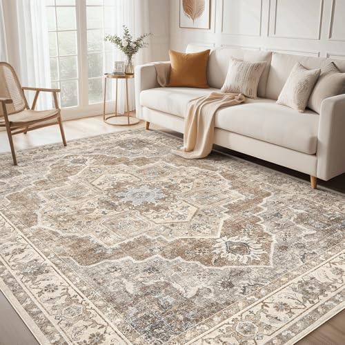 Micgeek 8x10 Beige Brown Washable Area Rug - Vintage Neutral Non-Slip Living Room Carpet