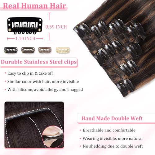GAOYIFU Clip in Hair Extensions Dark Brown to Chestnut Brown 18 Inch - Real Human Hair, Versatile & Tangle-Free