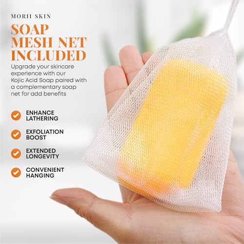 Organic Turmeric Soap Bar for Face, Kojic Acid Soap for Hyperpigmentation, Premium Japanese Formulated Kojic Soap Enriched with Vitamin C, Retinol, Collagen | 2-Bars + Mesh Net, 3.53 oz Each