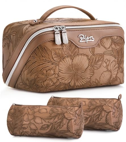 Travel Makeup Bag Set of 3 - Brown Floral Cosmetic Organizer with Handle