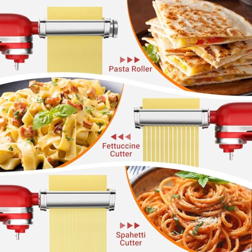 NEWSETS 3-Piece Pasta Maker Attachments for KitchenAid Stand Mixers - Stainless Steel, Adjustable Thickness, Fettuccine & Spaghetti Cutter, Variation 3