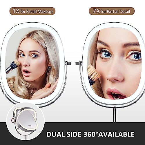 EAPUDUN Lighted Makeup Mirror 9" ? 2-Sided Tabletop Vanity Mirror with 7X Magnification, 3 Color Lighting Modes, Rechargeable, 360¡Æ Rotation, 84 LED Lights