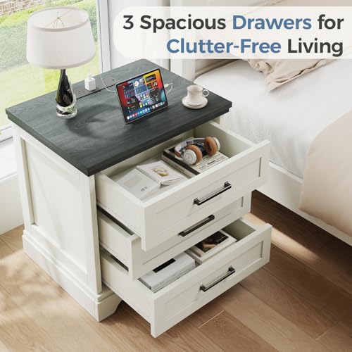White Farmhouse 3 Drawer Nightstand with Charging Station - Wood & USB Power Hub (23.6''L x 18''W x 24.3''H)