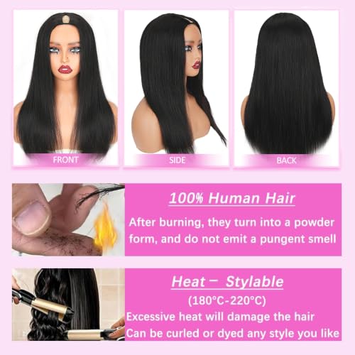 18 Inch V Part Human Hair Wig - Natural Black, Bone Straight, No Sew Glue-Free, Clip-In Half Wig for Black Women