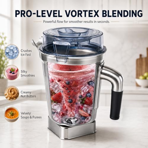 64 Oz Stainless Steel Blender Pitcher with Recognition Chip - Compatible with Ascent & More