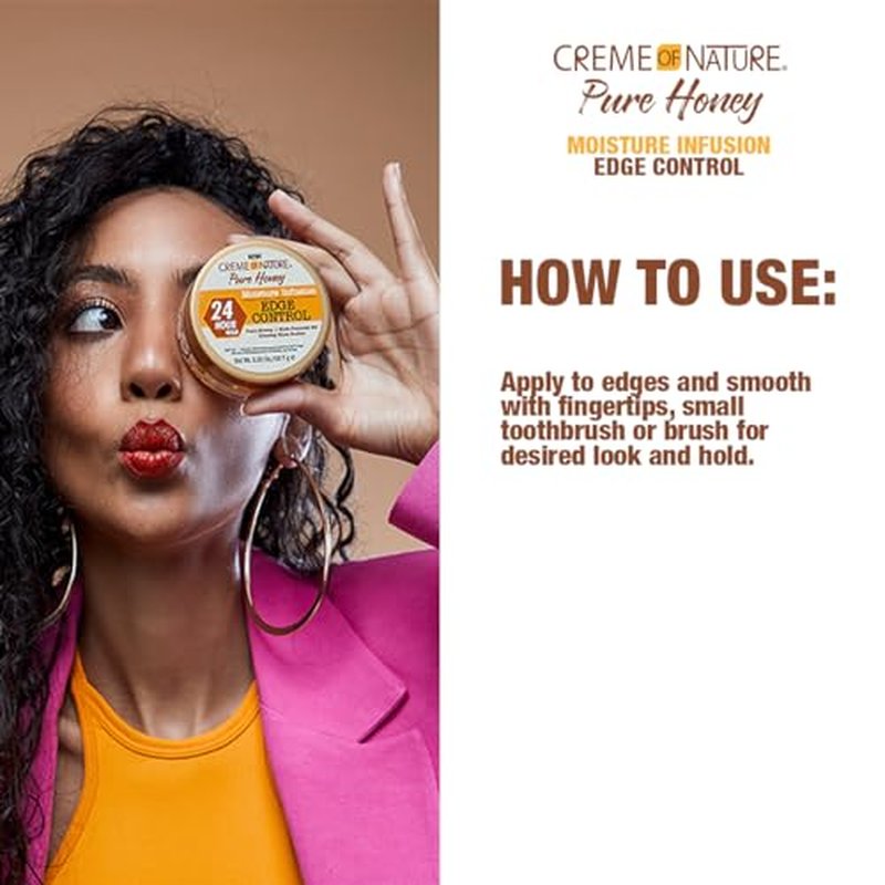 Creme of Nature Pure Honey Moisture Infusion Edge Control, 24-Hour Hold for Sleek Styles, Non-Flaking, Non-Greasy Formula with Coconut Oil & Shea Butter, 2.25 oz