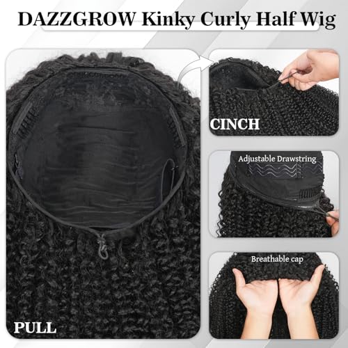 Natural Color 20 Inch Human Hair Half Wig 3-in-1 Kinky Curly Drawstring Seamless Flip Headband Wig for Beginners