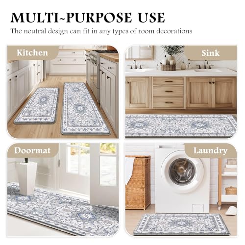 Tubeamin Blue Grey 2-Piece Boho Kitchen Mat Set 23.6x39 + 23.6x59 Inches Anti-Fatigue Waterproof Non-Slip Floor Rugs