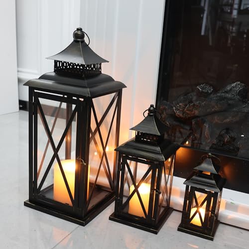 Black 3-Piece Vintage Lantern Set - 20'', 13'', 9'' Indoor & Outdoor Candle Holders
