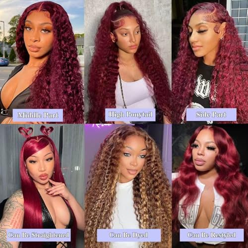 18 Inch Burgundy Deep Wave Lace Front Wig - Human Hair 99J, 13x6