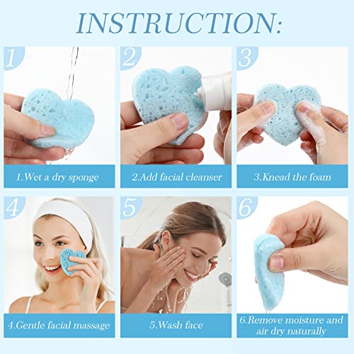 Heart-Shaped Compressed Facial Sponges Set - Light Blue, 120 Pcs with Storage