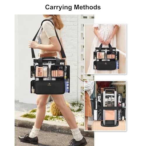 Relavel Large Clear Makeup Bags, Professional Makeup Artist Kit Set Bag with Removable Dividers, Travel Cosmetic Organizer Hairstylist Traveling Bag Transparent PVC Work Tote Bag Duffle Bag for Women