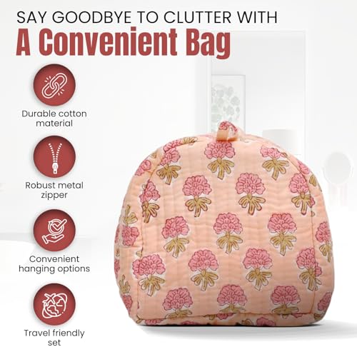 Cotton Hand Block Floral Print Toiletry Bag For Women Make Up Cosmetic Bag Jewelry Organizer Kit Storage Case Travel Accessories Essential Toiletries Purse Pouch (Orange - Set of 3 Small Medium Large)