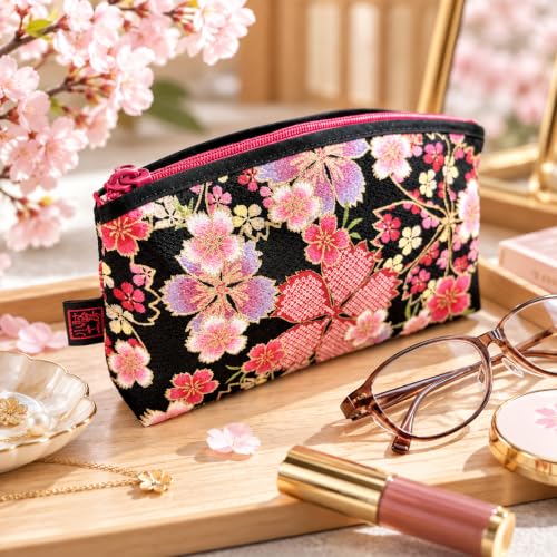 Small Traditional Edo Komon Makeup Bag with Cherry Blossom Design - Black Pink, Made in Japan
