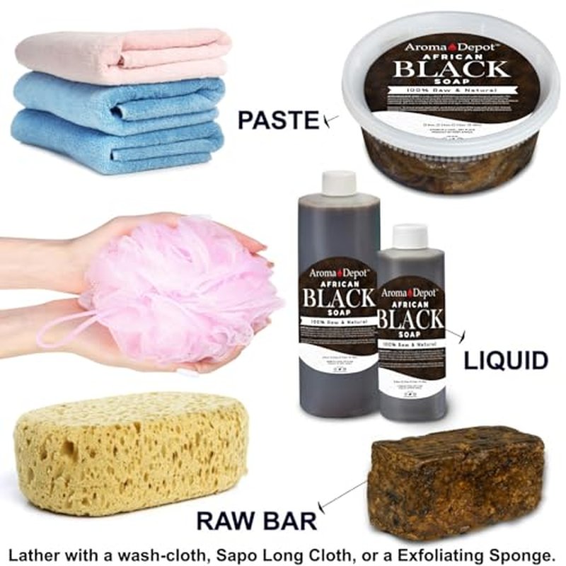 Aroma Depot 16 oz /1 lb Raw African Liquid Black Soap 100% Natural soap for Acne, Eczema, Psoriasis, and Dry Skin Scar Removal Face And Body Wash. Handmade imported from Ghana