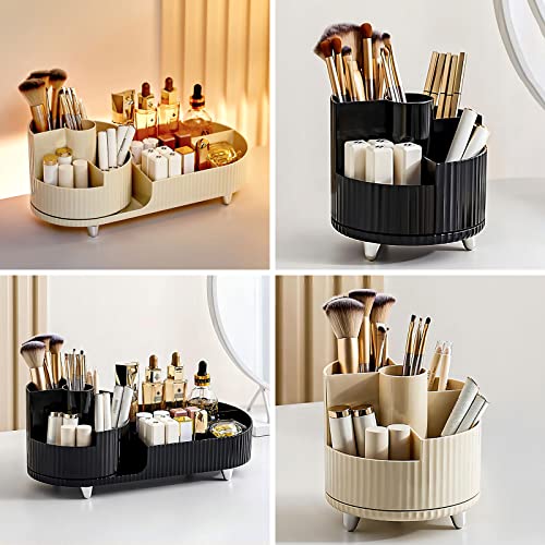 DASITON Large Capacity Makeup Brush Holder,360¡Æ Rotating Makeup Organizer,9 Slot Makeup Brushes Cup,for Vanity Decor,Bathroom Countertops,Desk Storage Container,Cosmetic Display cases(Cream-L)