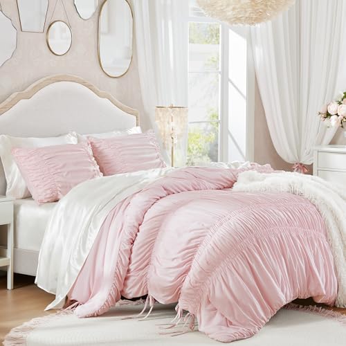 Pink Queen Comforter Set with Ruched Shabby Chic Design - 3 Piece Full/Queen Bedding