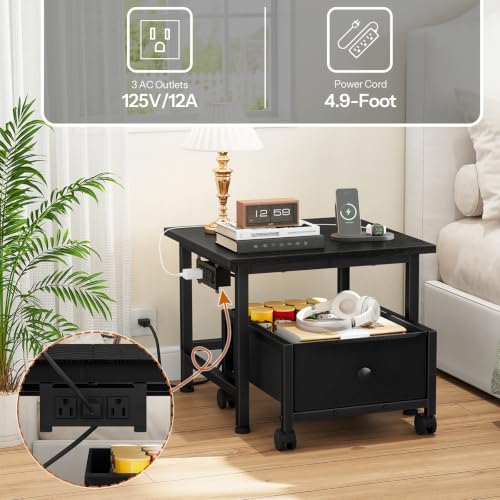 Mini Fridge Stand with Power Outlet & Storage Basket - Black, Wheels, Adjustable Feet