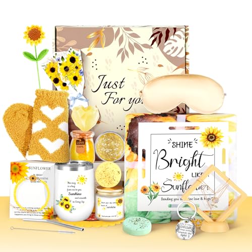 Self Care Gift Basket for Women - Yellow Sunflower Get Well Soon Care Package with Blanket & Spa Items