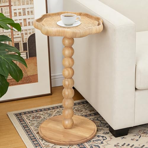 Natural Flower Boho Rattan Small Side Table - Solid Wood Nightstand for Small Spaces