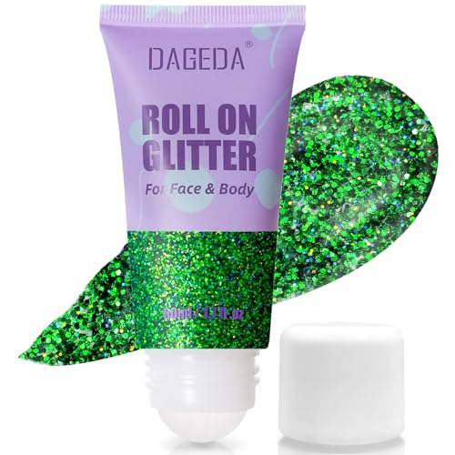 DAGEDA Green Roll-on Body Glitter,Holographic Face Hair Glitter Gel for St Patricks Day Accessories,Green Body Shimmer Makeup Carnival Accessories for Girls Women 50ml