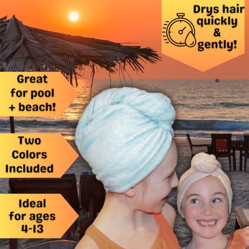 Kids Hair Towel Wrap Set - Small Bamboo Viscose Hair Drying Wrap with Seashell Pink & Seafoam Blue