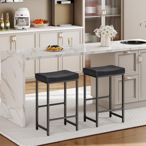 Counter Height Saddle Bar Stools with PU Upholstery - Black, 25.4"